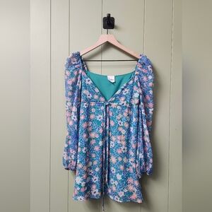 Elegant Floral Teal Mini Dress